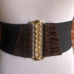Elegant Black and Brown Belt with Gold Chain Accent